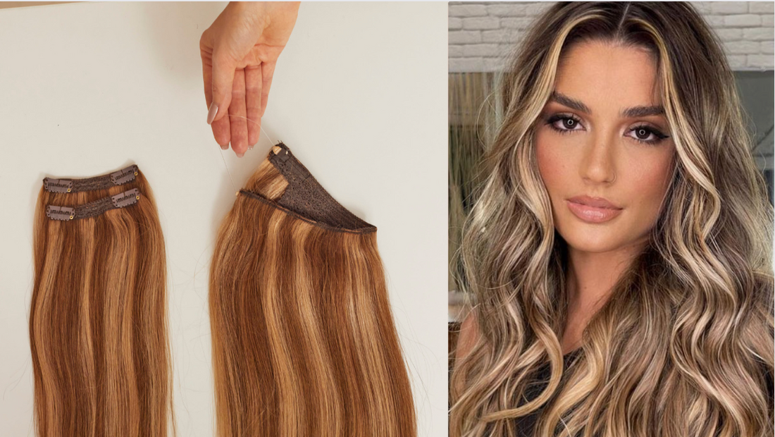 Woman smiling with curled halo weft extensions 