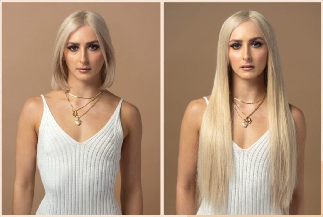 Woman with shorter hair with long hair blonde hair extensions