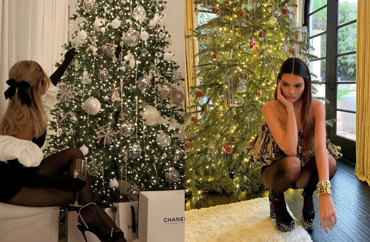 Models posing with half up half down hair, in front of christmas tree