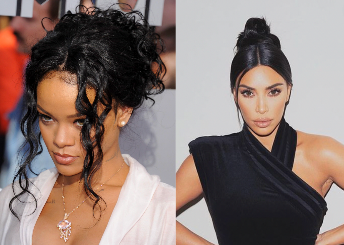 Rihanna and Kim Kardashian in a messy bun and sleek bun look