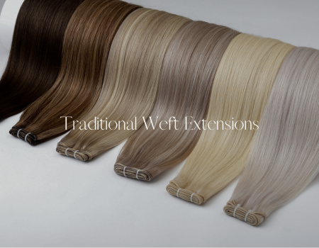 Close-up view of Product image of multiple traditional weft hair extensions