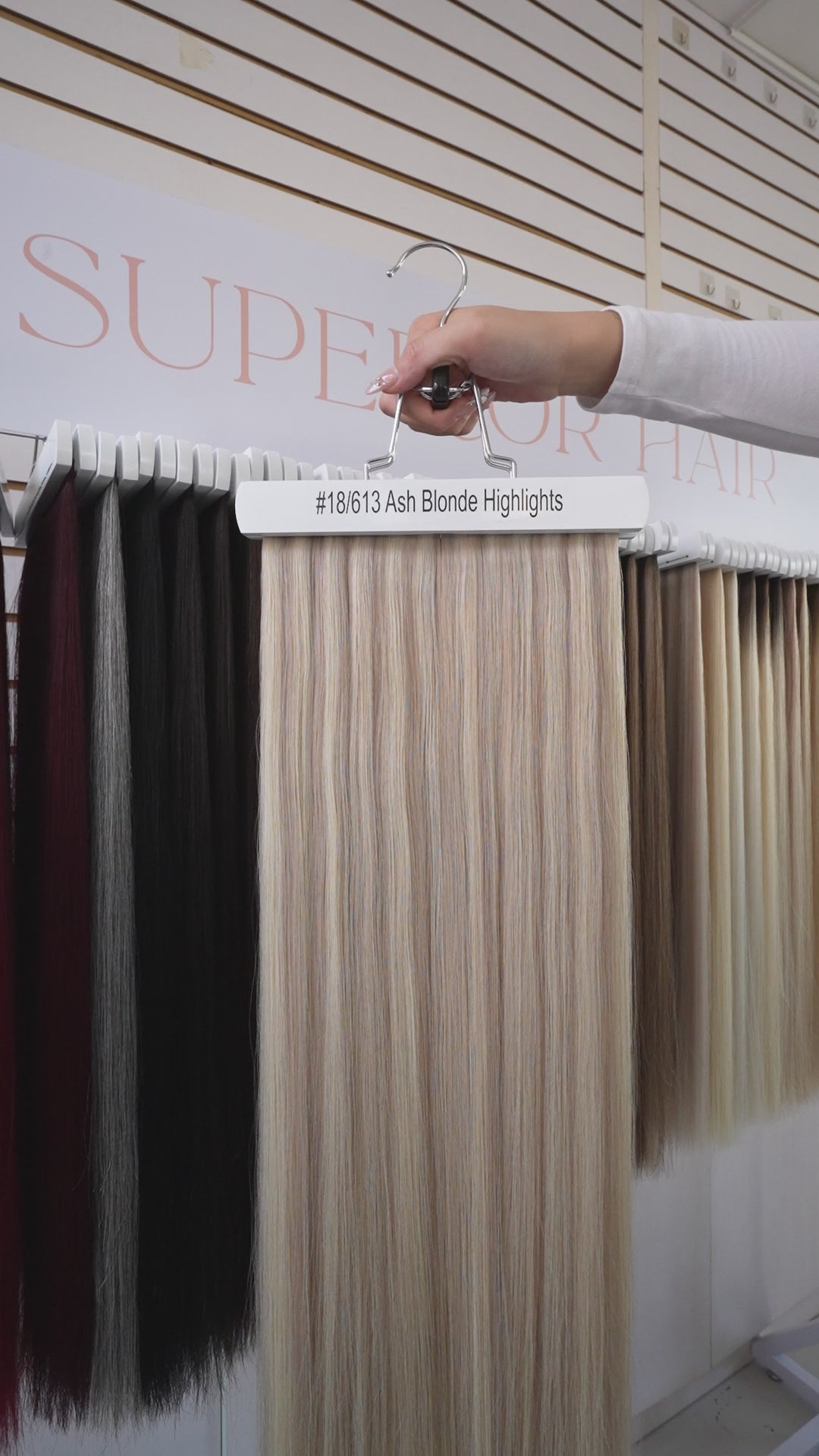 Load video: #18/613 Ash Blonde Highlights Classic Halo Hair Extensions