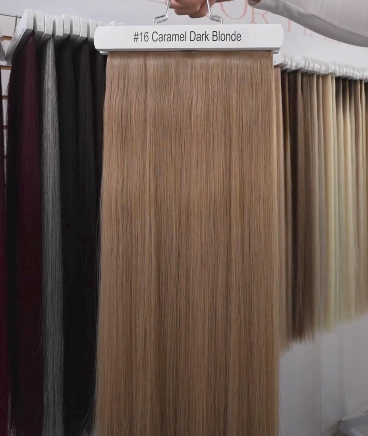 Load video: #16 Caramel Dark Blonde Ultra Seamless Tape In Hair Extensions (DISCONTINUED)